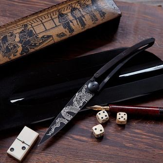 Deejo zavírací nůž Black tattoo ebony wood Japanese Dragon