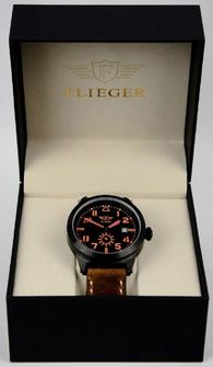 hodinky s koženým páskem Flieger hnědé v pouzdře hodinky s koženým páskem Flieger hnědé záď