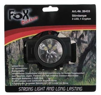 skládací voděodolná čelovka Fox 3x LED 1x krypton černá žárovka v balení 