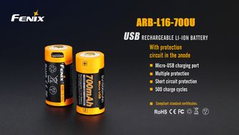 Fenix USB nabíjecí baterie RCR123A 700 mAh, Li-Ion