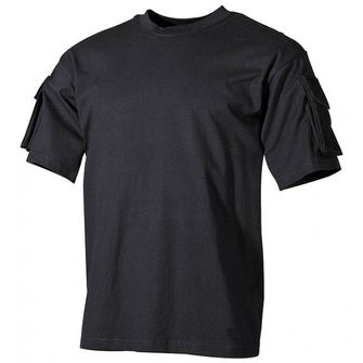 MFH US černé tričko s velcro kapsami na rukávech, 170g/m2